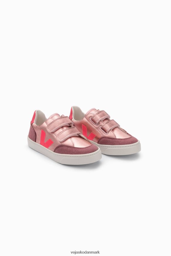 Veja børn v-12 kromfri læder perlemor rose fluo sko 6882FB306